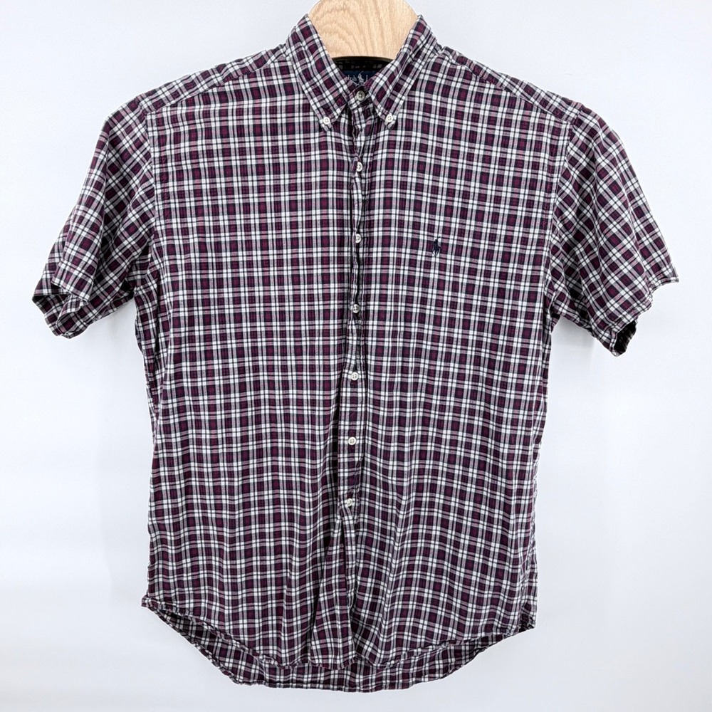 Ralph Lauren Blake Mens Large Short Sleeve Plaid Button Down Shirt Maroon Cream